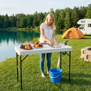 Folding Fish Cleaning Table with Sink, Portable Camping Sink Station with Faucet, Drainage Hose, Sprayer, Outdoor Fillet Table for Picnic Beach Patio